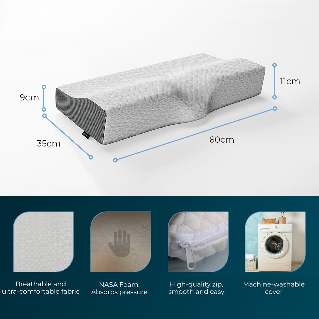 Cervical Pillow Coluna Relax® with breathable fabric, NASA foam, high quality zipper and washable cover, measuring 60 cm x 35 cm x 11 cm.