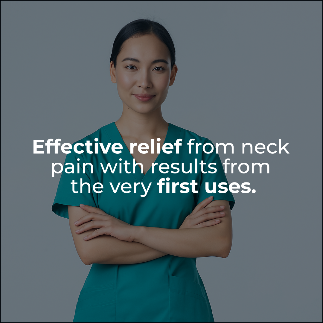 Female specialist with crossed arms and dark hair with a phrase that says effective neck pain relief with results from the first uses, promoting the Coluna Relax cervical pillow and its benefits for those who use it.