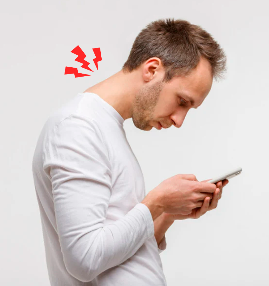Man with incorrect posture while using his cell phone causing neck curvature also known as text neck