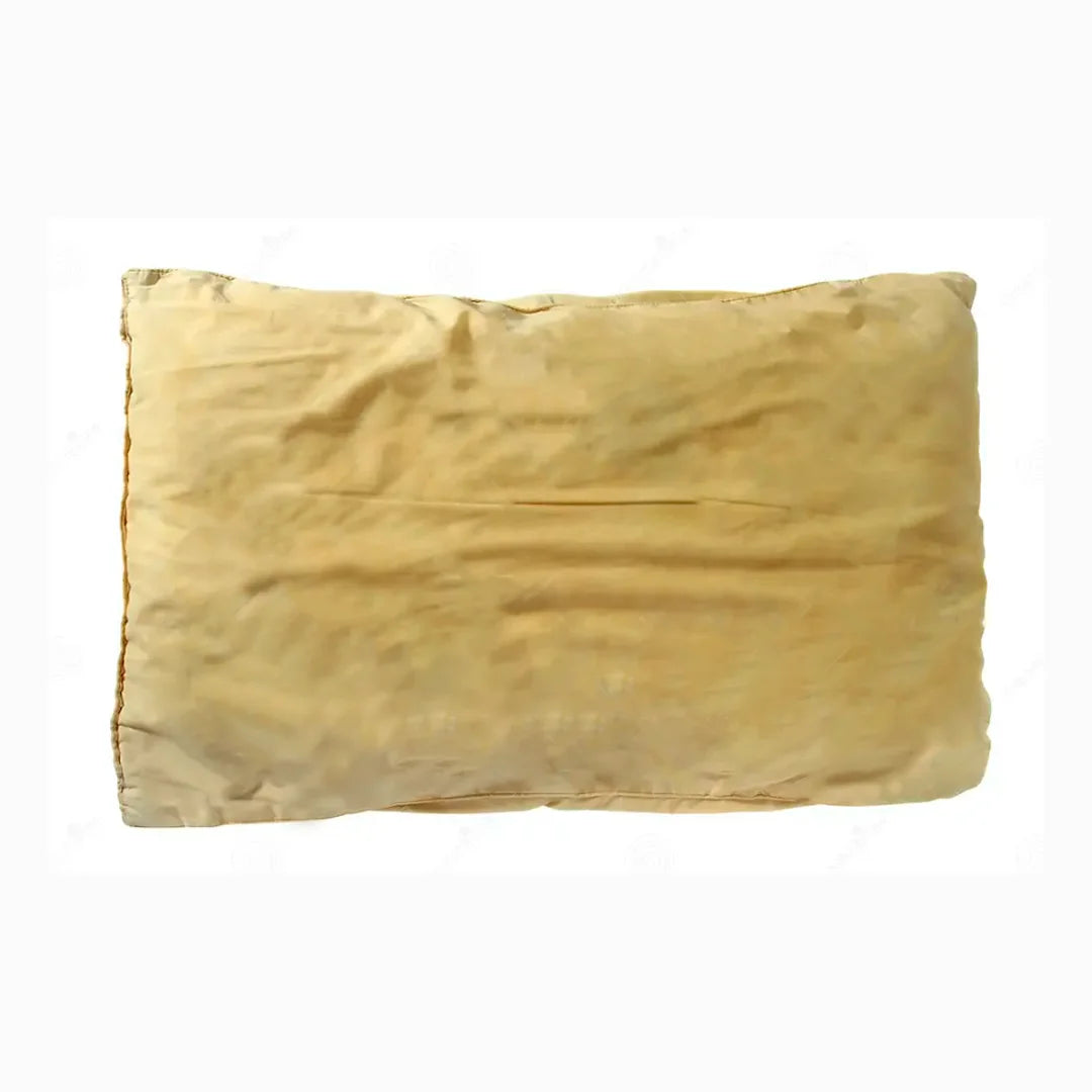 yellowed pillow without ergonomic shape, which can cause pain and discomfort