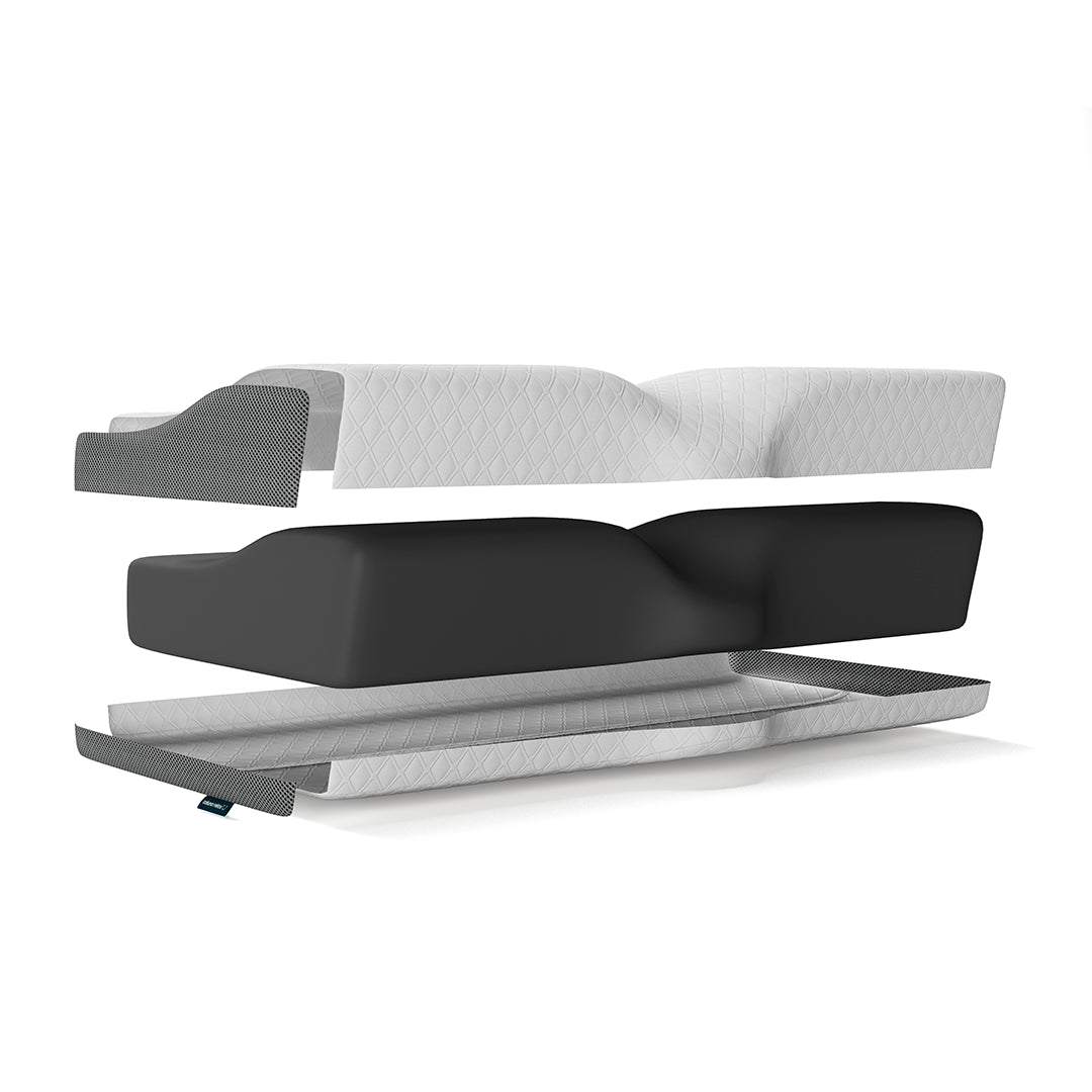 Detailed view of the layers of the Cervical Pillow Coluna Relax®, showing high-density foam and ergonomic protective cover for greater comfort and durability.